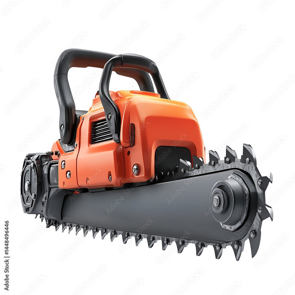 Fototapeta premium Powerful Orange Chainsaw Powerful Cutting Tool Industrial Equipment