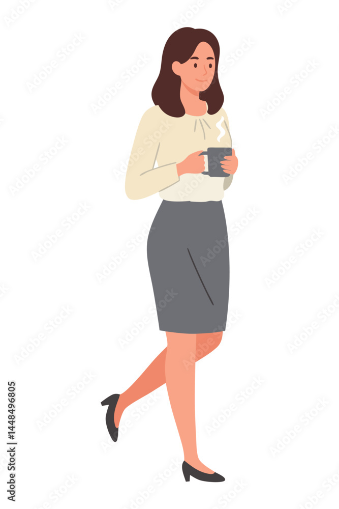 Confident Professional Woman Walking with Coffee Cup in Modern Office Environment Confident Professional Woman Walking with Coffee Cup in Modern Office Environment