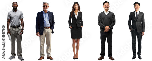 Cutout group of diverse business people, full body photorealistic portraits. Isolated on transparent background. Ideal for team pages, global business visuals, diversity & inclusion marketing.