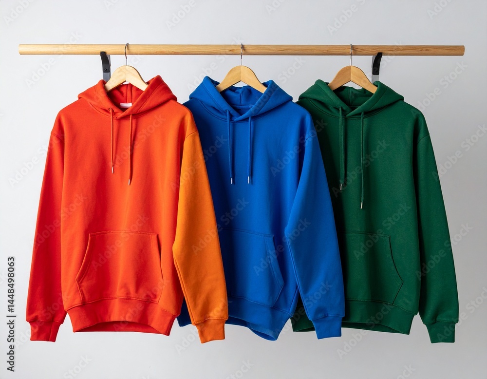 Hoodie mockup hanging on wooden hanger, minimalist wall background, vibrant colors (red, orange, cobalt blue, forest green), fashion branding ready Hoodie mockup hanging on wooden hanger, minimalist wall background, vibrant colors (red, orange, cobalt blue, forest green), fashion branding ready
