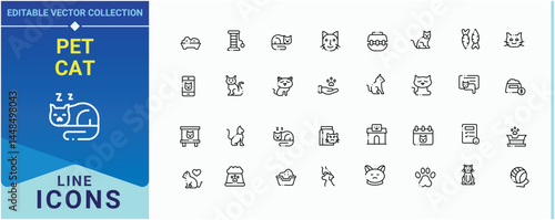 Pet Cat vector icon set. Featuring kitty, kitten, animal, domestic, pet, pets and more. Cat linear icon collection. Vector icons collection. Editable stroke collections.