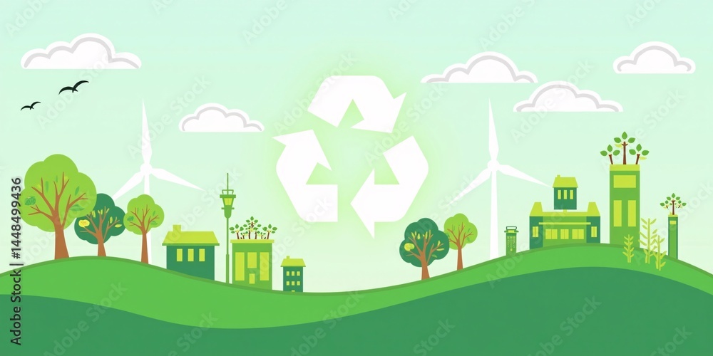 Fototapeta premium An abstract background of sustainability, green energy symbols, recycling motifs