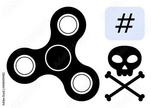 Fidget spinner alongside a skull-and-crossbones icon and metadata tag symbol. Ideal for gaming culture, social caution, tech trends, modern distractions, youth engagement, risk awareness, simple