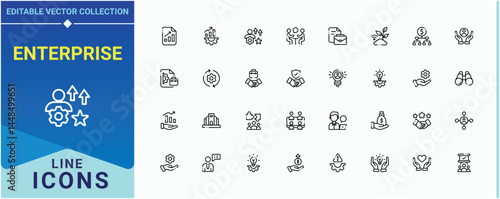 Enterprise icon set. It contains symbols to profession, commerce, manage, organization, economic and more. Business icon set. Minimalist icons collection. Pixel perfect. Vector illustration.