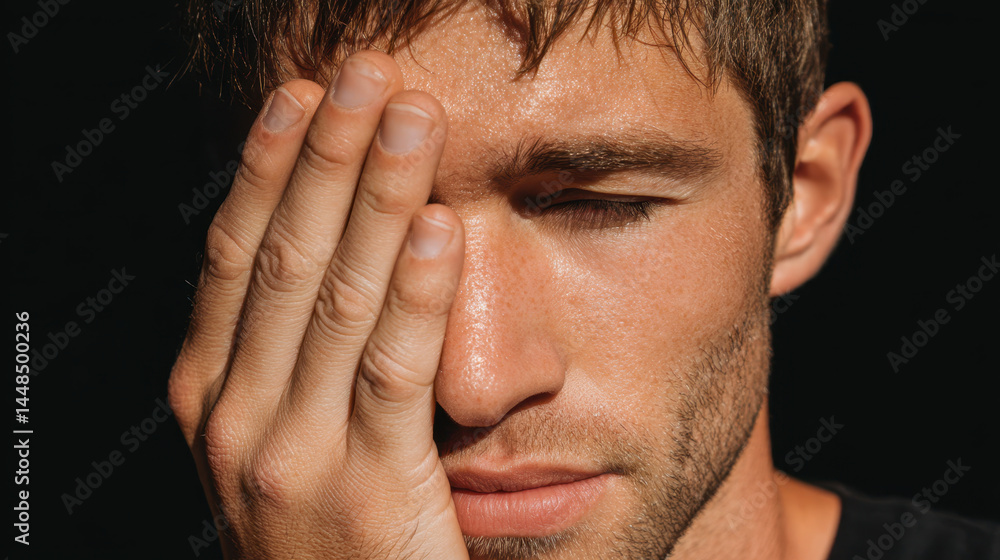 Fototapeta premium Close up of man with serious expression, partially covering his face with one hand, showcasing his textured skin