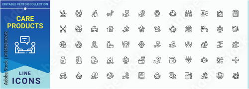 Care Products vector icon set. Thin icons set. Featuring health, dermatology, beauty, sun protection, skin products, care. Vector illustration. Pixel perfect. Sun Protection related icon set.