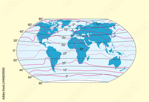 World annual isotherm map images. World Map with Isothermal Lines and physical temperature zones.