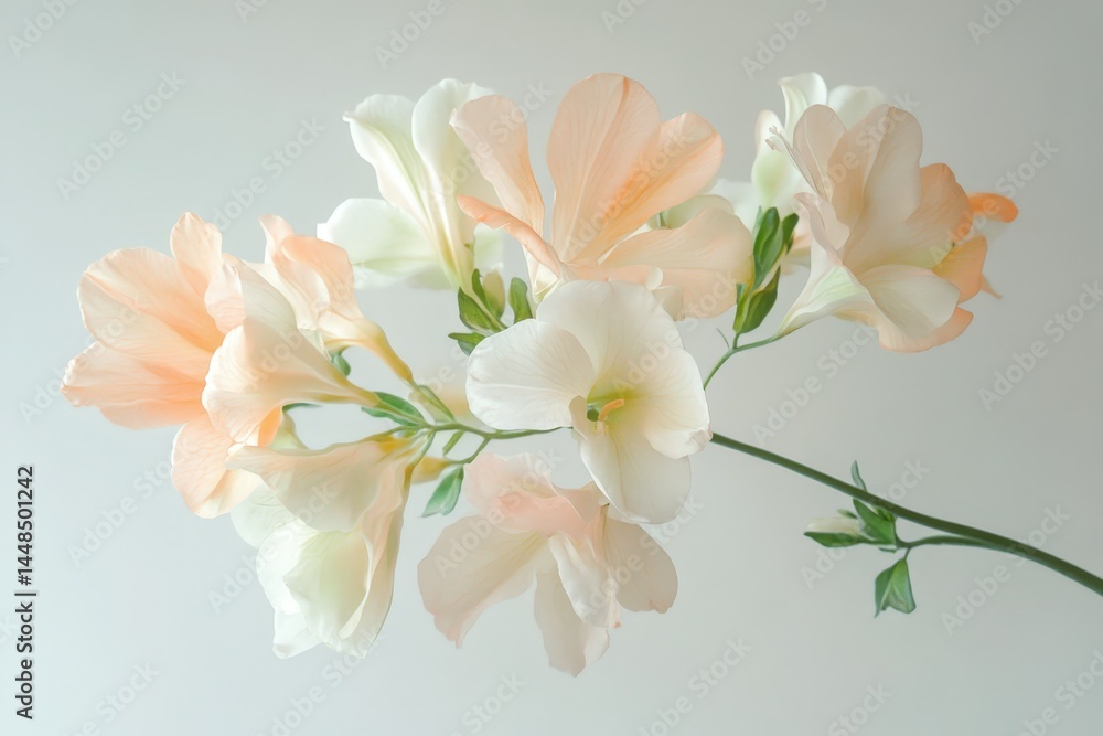 Fototapeta premium Delicate, pastel-hued freesia blossoms in soft light.