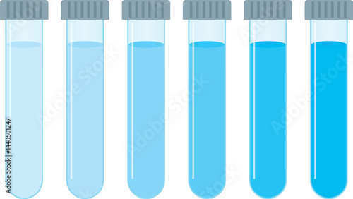 Vector set of laboratory test tubes with different concentrations of blue substance solution. Color gradient from light to dark. lab glassware
