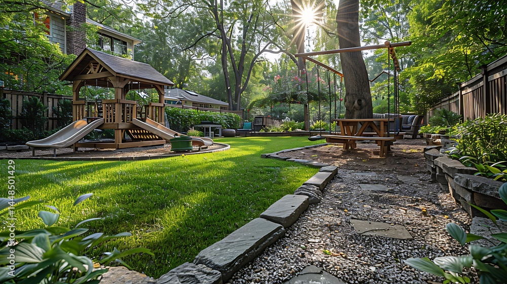 Backyard activity center for children in lush garden high resolution photo Backyard activity center for children in lush garden high resolution photo