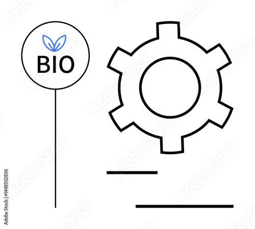 Bio label with leaf design near a gear symbolizing connection between nature and technology. Ideal for sustainability, eco-innovation, green energy, environmental science, technology, branding