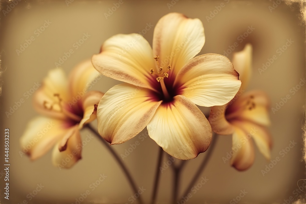 Fototapeta premium Elegant Hibiscus Flowers with Cream Petals and Dark Brown Center - Focused Macro, Textured Background 