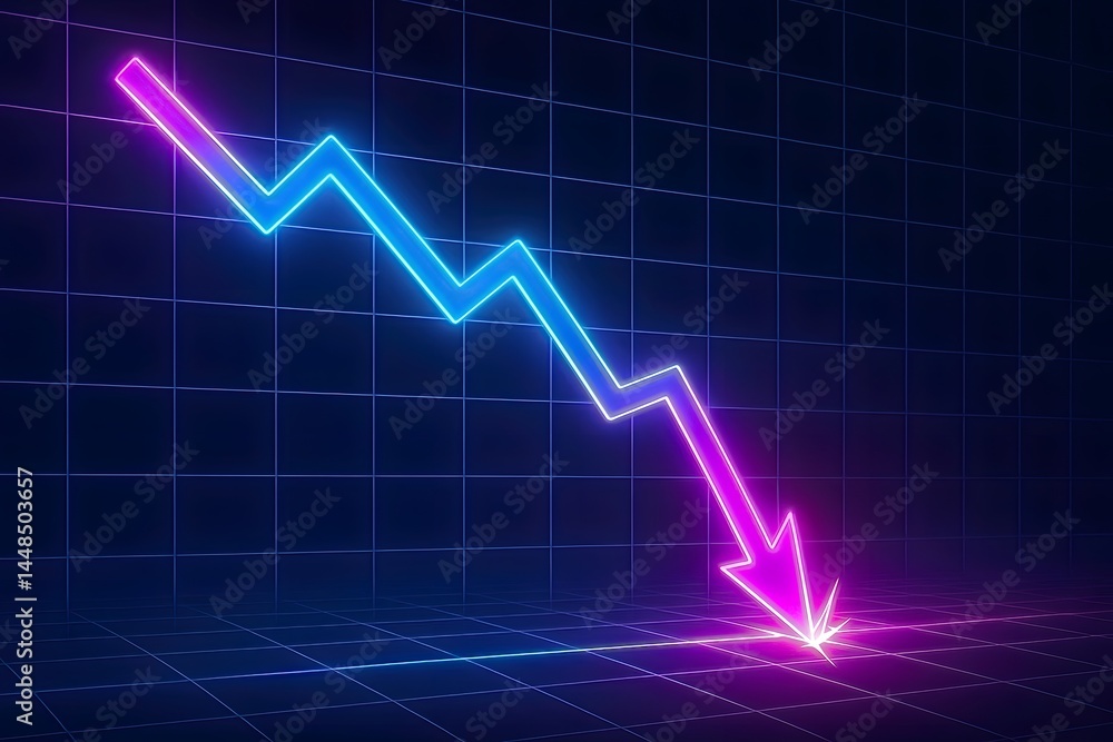 Naklejka premium Illuminated futuristic financial graph descending sharply, crashing into digital floor, symbolic illustration of severe market decline, investment crisis, and economic instability.