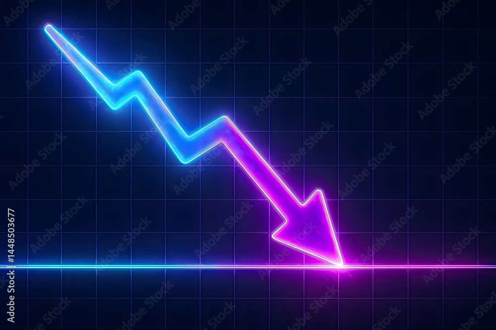 Naklejka premium Vibrant neon arrow depicting severe financial downturn striking bottom axis, futuristic visualization illustrating market collapse, economic recession, and business risk.
