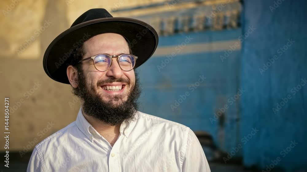 Orthodox jewish man greeting with cheerful expression, wearing black hat. Happy bearded jew in glasses waves his hands in welcome and joy on blue. Orthodox jewish man greeting with cheerful expression, wearing black hat. Happy bearded jew in glasses waves his hands in welcome and joy on blue.