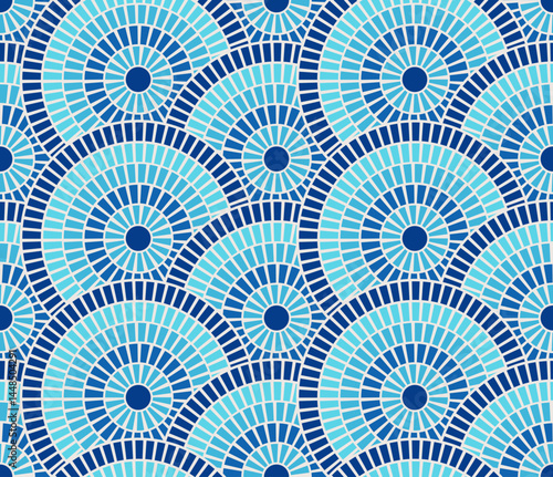 Mosaic seamless Greek pattern tile sea texture blue background Rome vector motif. Ancient Mediterranean stone floor design architecture illustration. Circular wave border decor interior artwork.