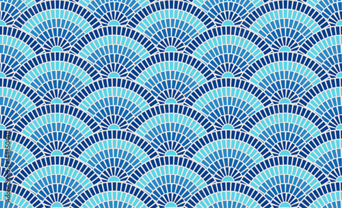 Seamless Greek pattern mosaic tile sea texture blue background Rome vector design. Classical Mediterranean marble floor decor architecture illustration. Circular wave border decor interior motif.