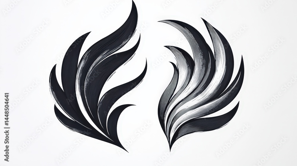 Fototapeta premium Intricate black, wing-like shapes with linear detailing, creating a symmetrical, stylized design