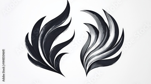 Intricate black, wing-like shapes with linear detailing, creating a symmetrical, stylized design