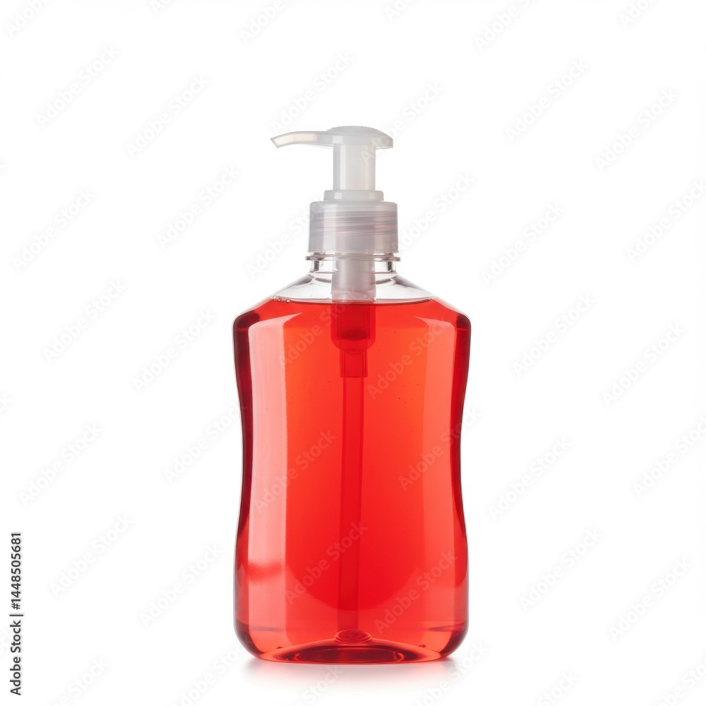 A clear plastic bottle with a pump dispenser filled with red liquid on a white background studio shot A clear plastic bottle with a pump dispenser filled with red liquid on a white background studio shot