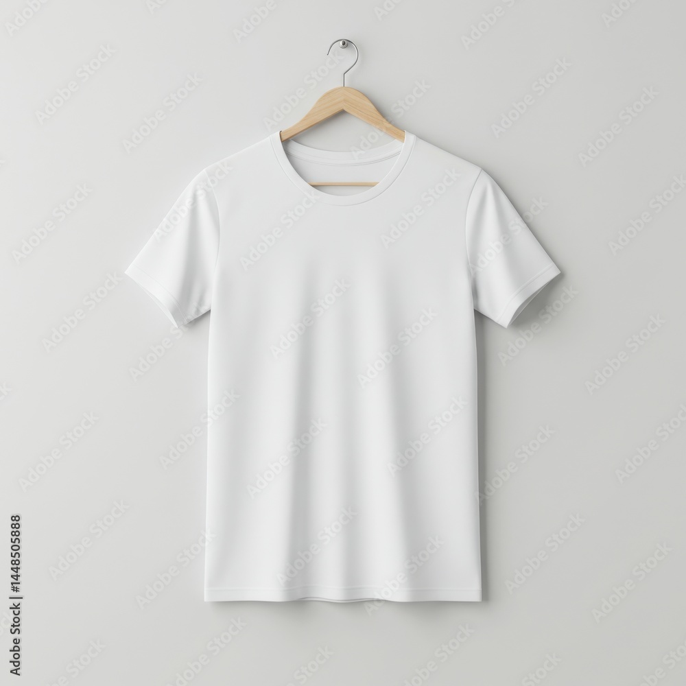 A plain white t shirt hanging on a wooden hanger against a white wall in a studio setting A plain white t shirt hanging on a wooden hanger against a white wall in a studio setting
