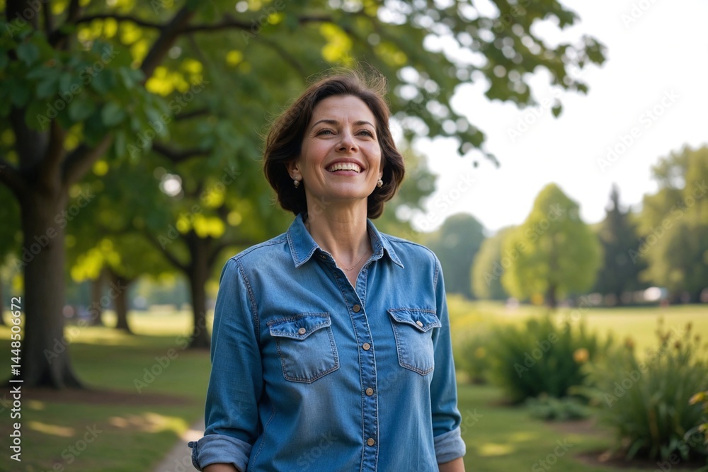 Joyful Mother's Day Outing: Bright-Faced Mother Enjoying a Walk in a Scenic Park, Medium Shot Joyful Mother's Day Outing: Bright-Faced Mother Enjoying a Walk in a Scenic Park, Medium Shot