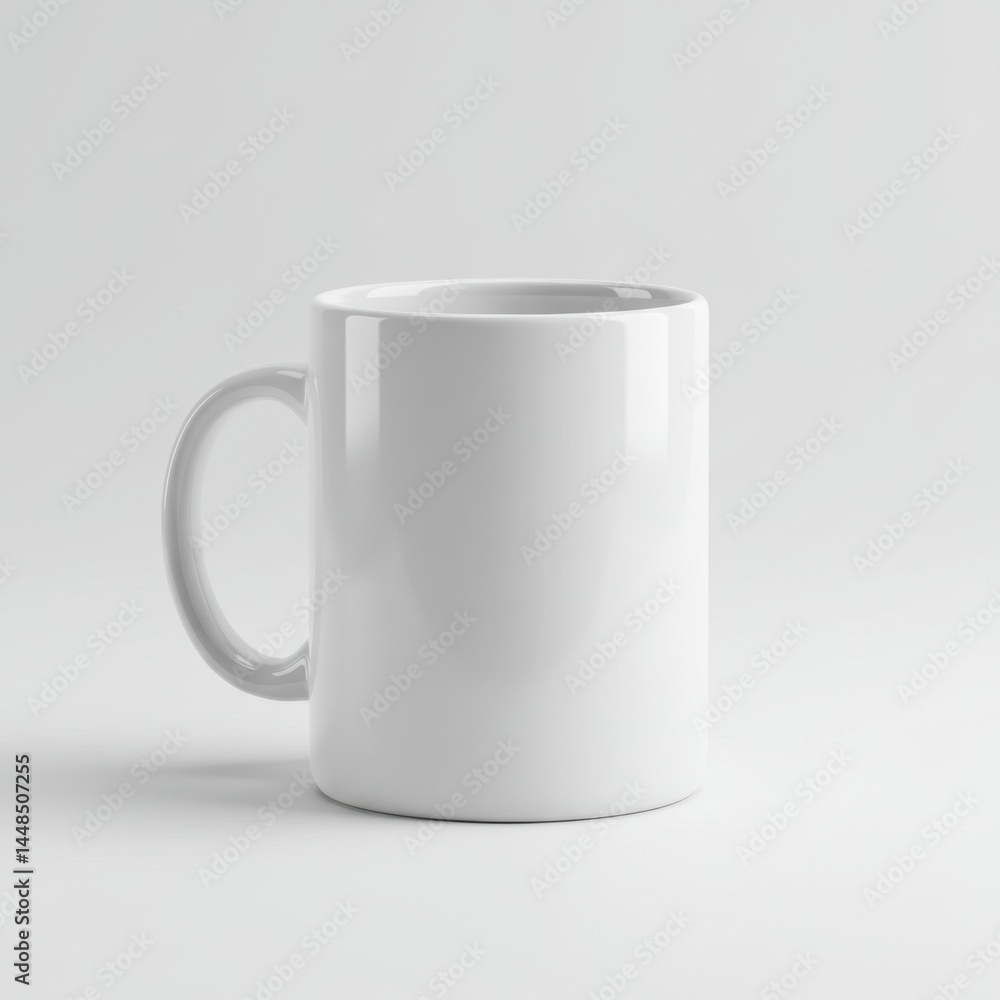 A simple white ceramic coffee mug with a handle on a white surface against a white background A simple white ceramic coffee mug with a handle on a white surface against a white background