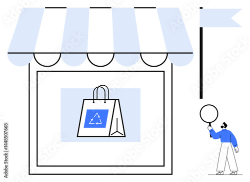 Shopping bag featuring recycling sign under striped awning, flagpole nearby, figure holding a balloon. Ideal for sustainability, retail, eco-business, packaging, marketing, small businesses simple