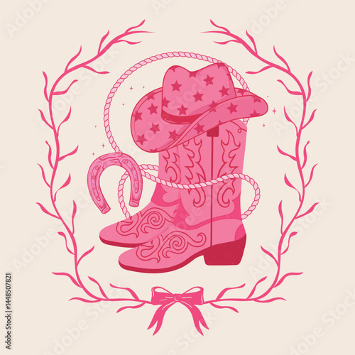 Cowboy boots and Hats, Horseshoe. Cowgirl. Cowboy girl wears boots. Wild west theme.
