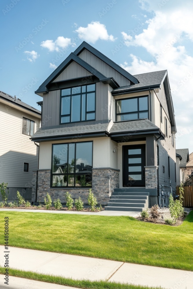 Modern family home with a spacious lawn and stylish architecture located in a suburban neighborhood on a sunny day during springtime Modern family home with a spacious lawn and stylish architecture located in a suburban neighborhood on a sunny day during springtime