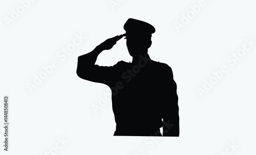 Soldier saluting silhouette, black and white, military salute figure, army man silhouette, soldier outline vector icon