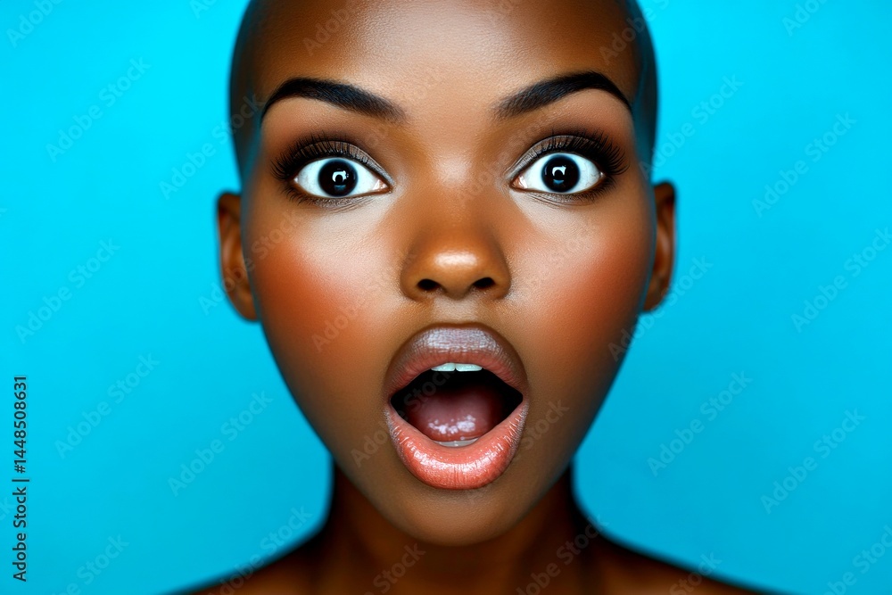 Commercial promotion creative. Stunning very amazed black girl - for ads, magazine ad and digital use. Short haircut - bald head - no hair. Black beauty concept. Elegant african american look.