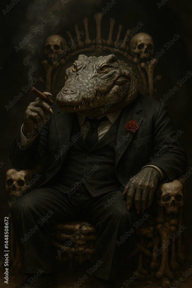Crocodile Sitting on Throne with Skull Details and Smoke Crocodile Sitting on Throne with Skull Details and Smoke