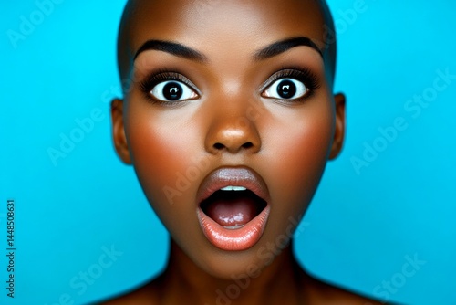 Obraz na płótnie Commercial promotion creative. Stunning very amazed black girl - for ads, magazine ad and digital use. Short haircut - bald head - no hair. Black beauty concept. Elegant african american look. w salonie
