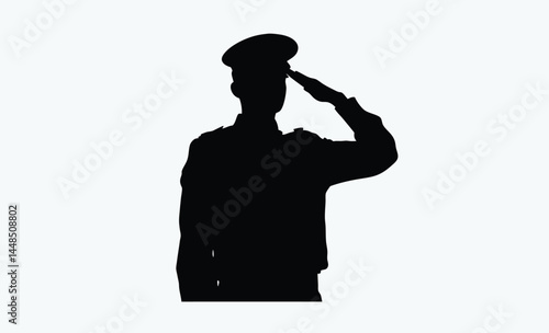 Soldier saluting silhouette, black and white, military salute figure, army man silhouette, soldier outline vector icon