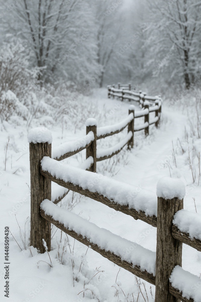 Snowy Rustic Fence in Winter Landscape with Tree Background