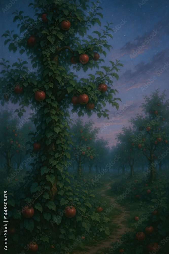 Serene Twilight View of an Orchard Path with Vibrant Apples