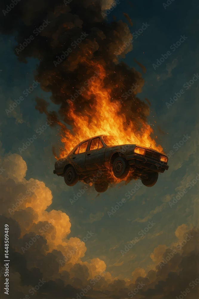 Dramatic Scene of Flaming Car Against Beautiful Sky Landscape