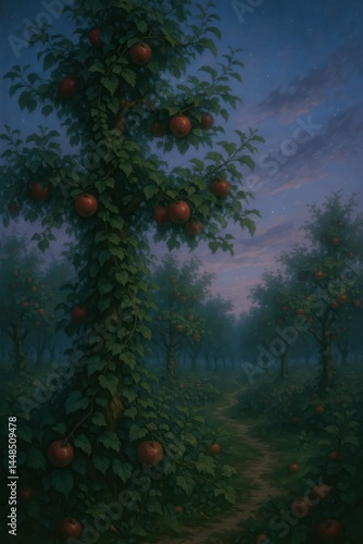 Obraz na płótnie Serene Twilight View of an Orchard Path with Vibrant Apples w salonie