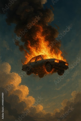 Obraz na płótnie Dramatic Scene of Flaming Car Against Beautiful Sky Landscape w salonie