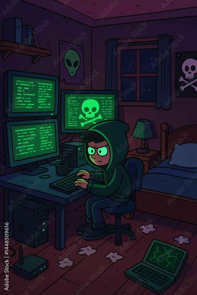 Young Hacker in a Dark Room with Multiple Monitors and Green Code
