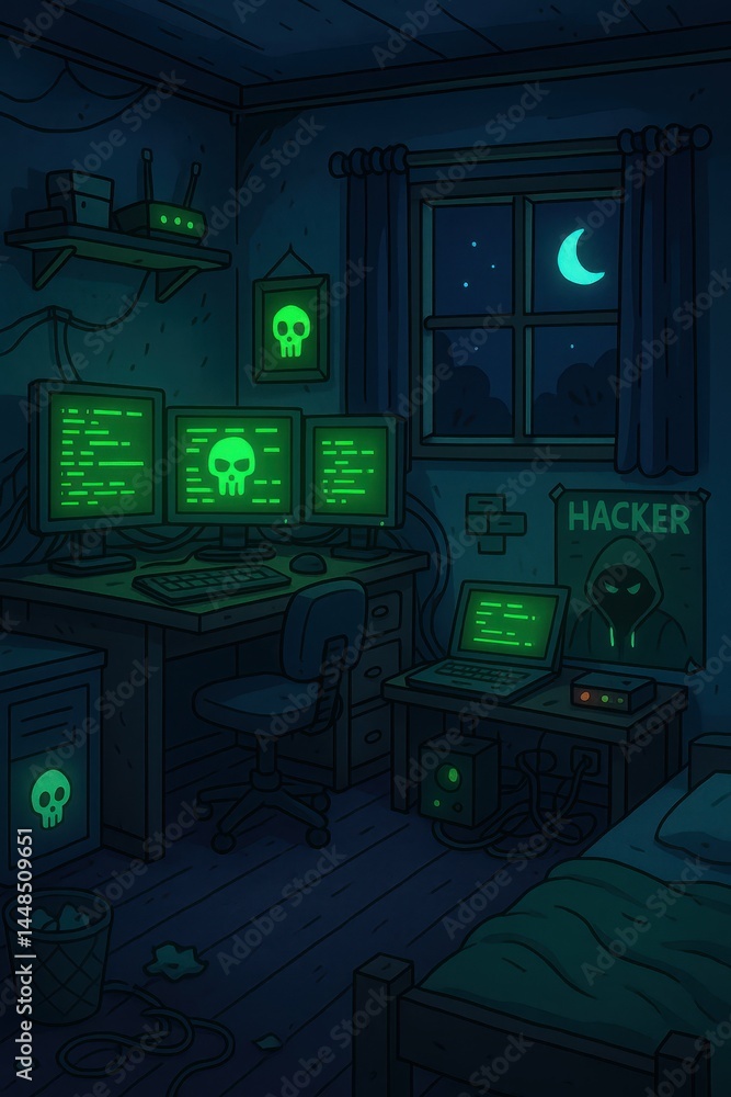 Dark Hacker Room with Monitors and Creepy Atmosphere at Night