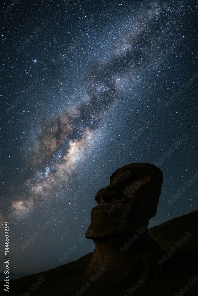 Moai Statue Under Starlit Sky with Milky Way in Nightscape