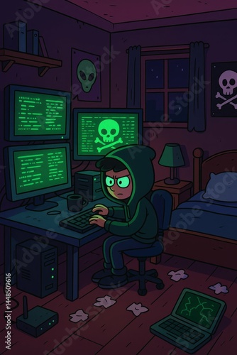 Obraz na płótnie Young Hacker in a Dark Room with Multiple Monitors and Green Code w salonie