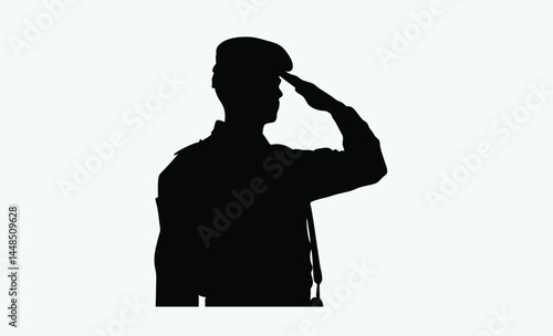 Soldier saluting silhouette, black and white, military salute figure, army man silhouette, soldier outline vector icon