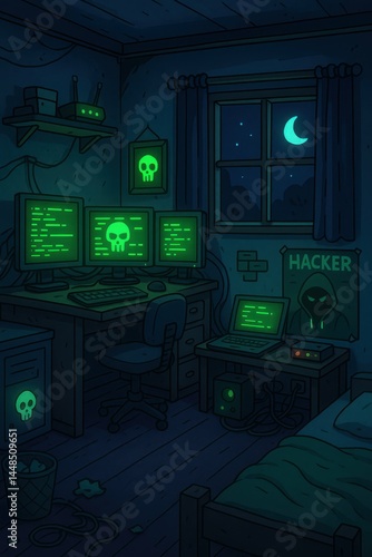 Dark Hacker Room with Monitors and Creepy Atmosphere at Night