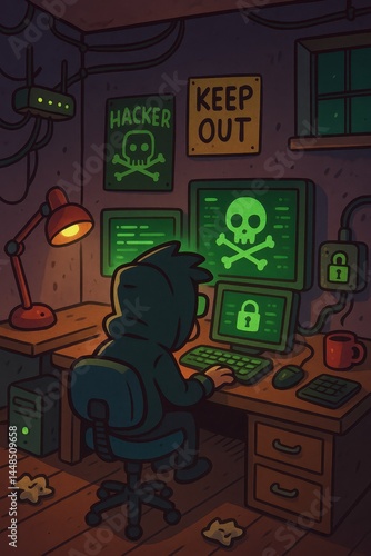 Mysterious Hacker Working in Dimly Lit Room at Night