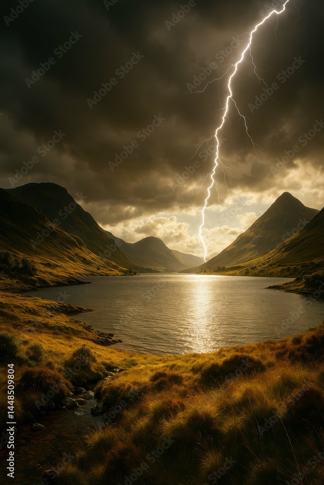 Majestic Loch Under Lightning Storm at Dusk in Scotland