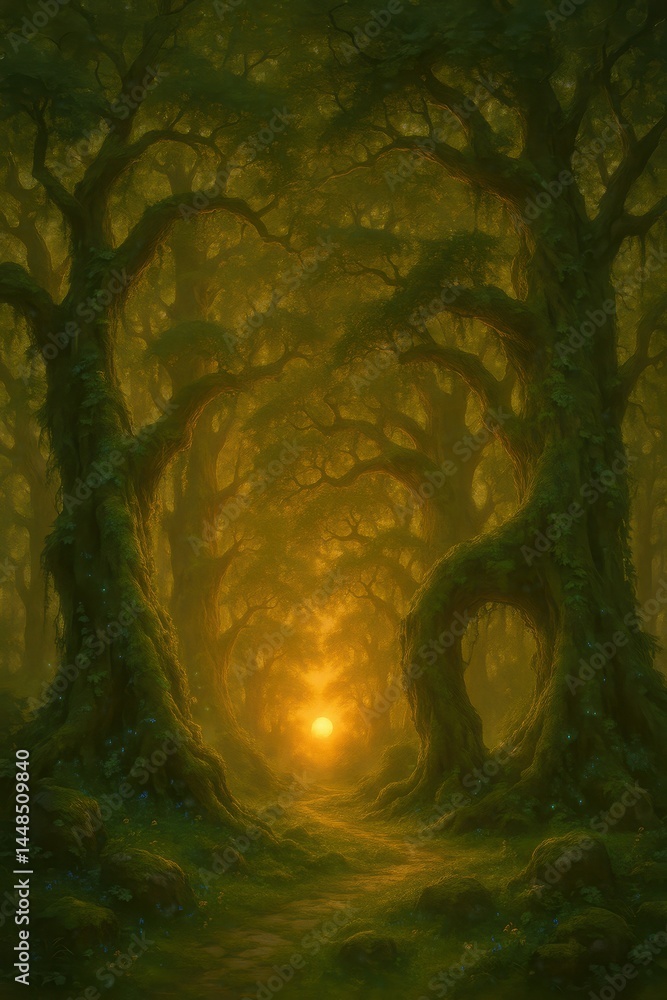 Enchanted Sunrise in a Misty Grove of Ancient Trees