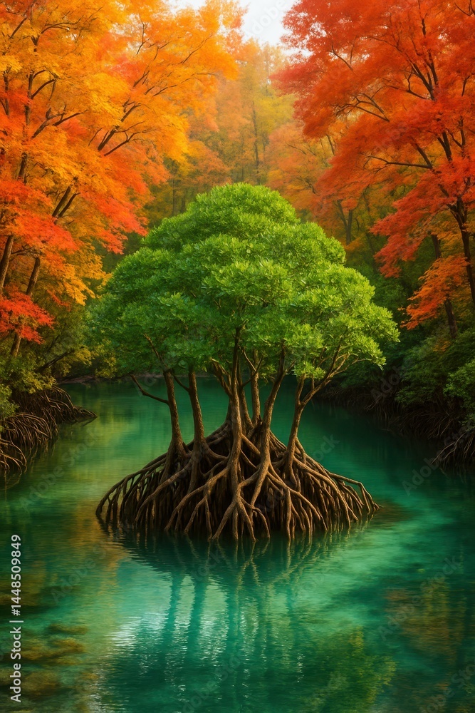 Tranquil Autumn Estuary Surrounded by Colorful Trees and Serenity